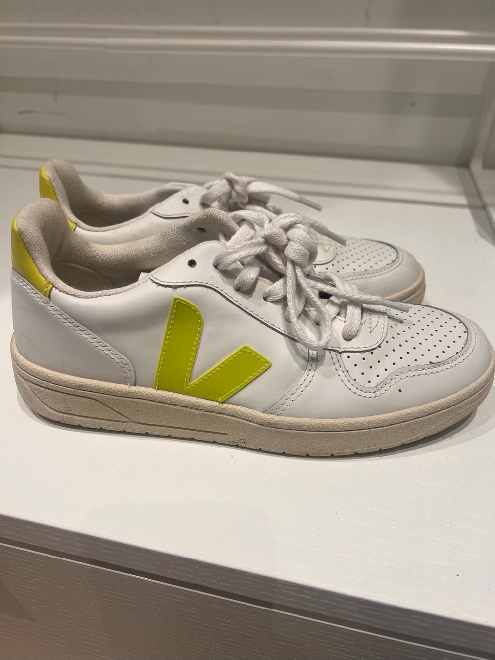 Veja Women's White Leather Sneakers with Neon Yellow V Logo